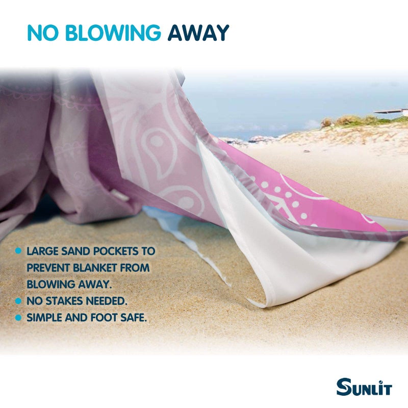 Sunlit Silky Soft 106"x81" Boho Sand Proof Beach Blanket Sand Proof Mat with Corner Pockets and Mesh Bag for Beach Party, Travel, Camping and Outdoor Music Festival, Blue and Pink Mandala - Image 4